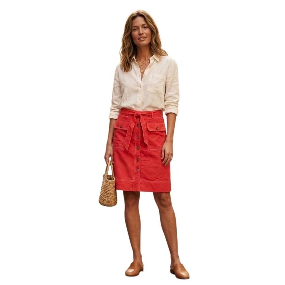 J. Crew Red Linen Cotton Button Front Belted Utility Skirt Size 6 EUC